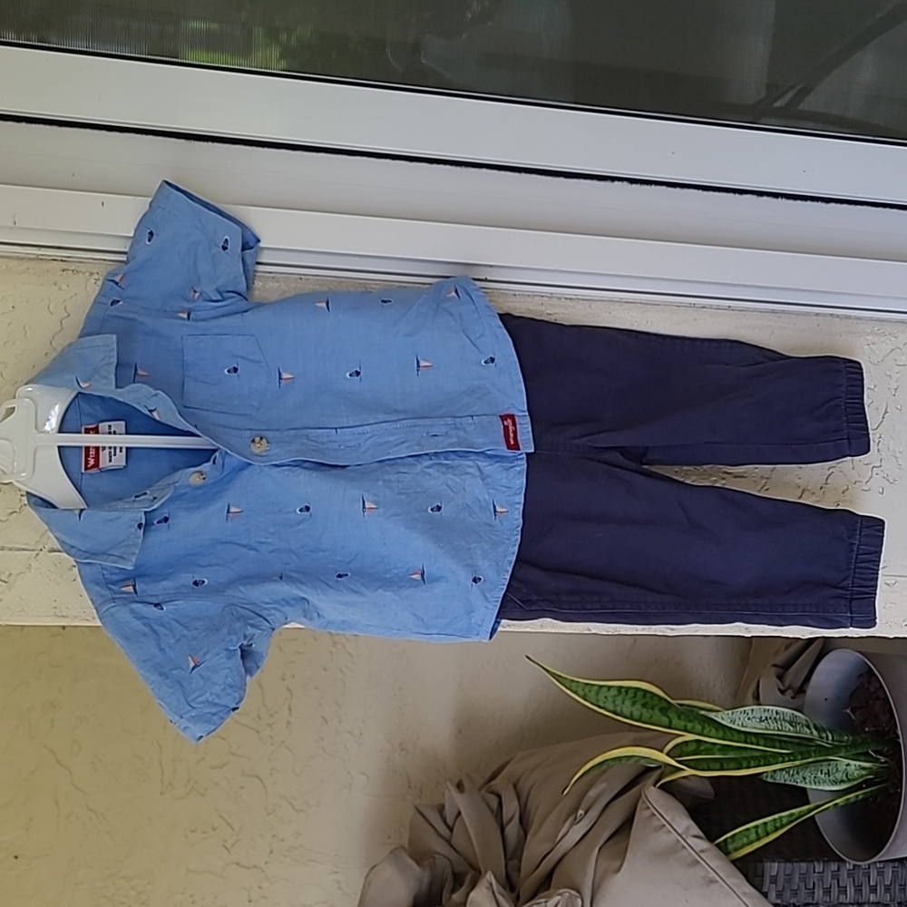 Wrangler Pants Shirt Clothes Sailboat Blue Denim Baby Boy Toddler 12-18 Months